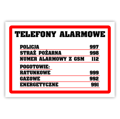 Tabliczka A5 laminowana TELEFONY ALARMOWE