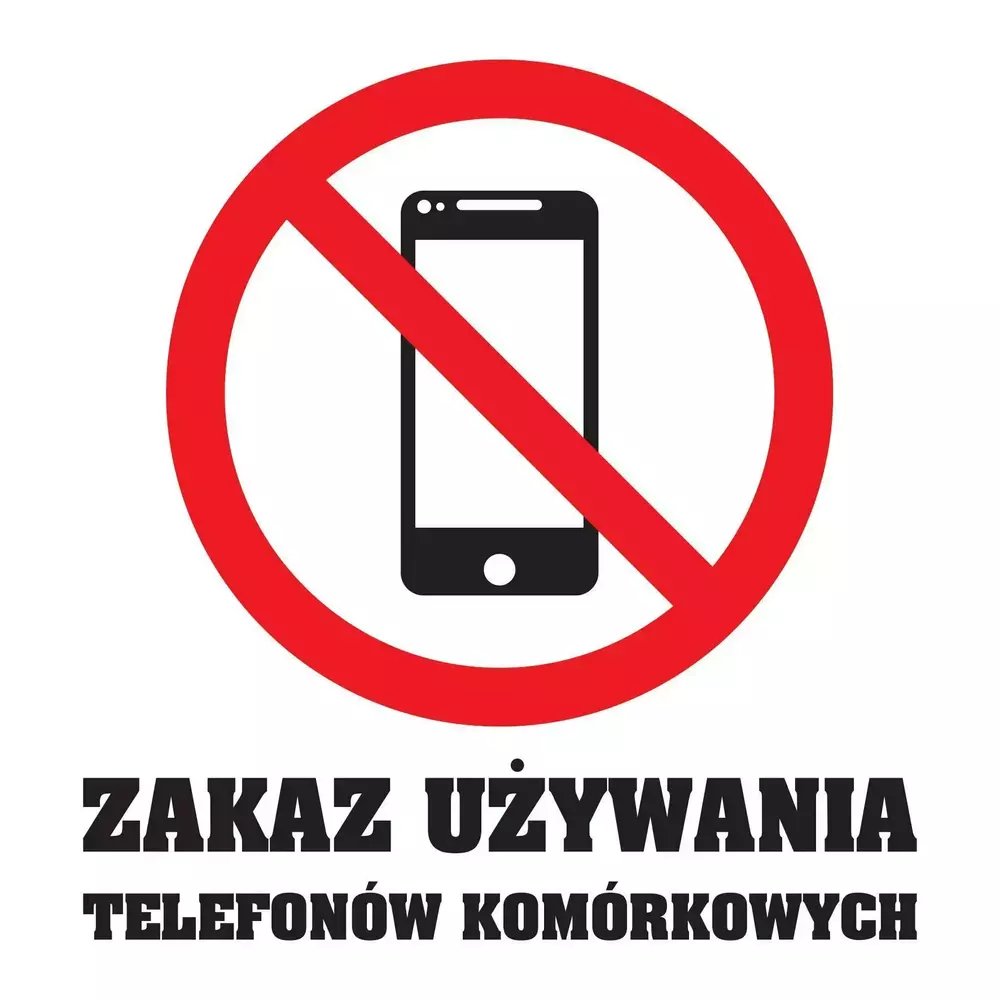 Zdjęcie produktu Naklejka informacyjna Zakaz używania telefonu 150×150 mm – folia samoprzylepna do biura szkoły gabinetu urzędu
